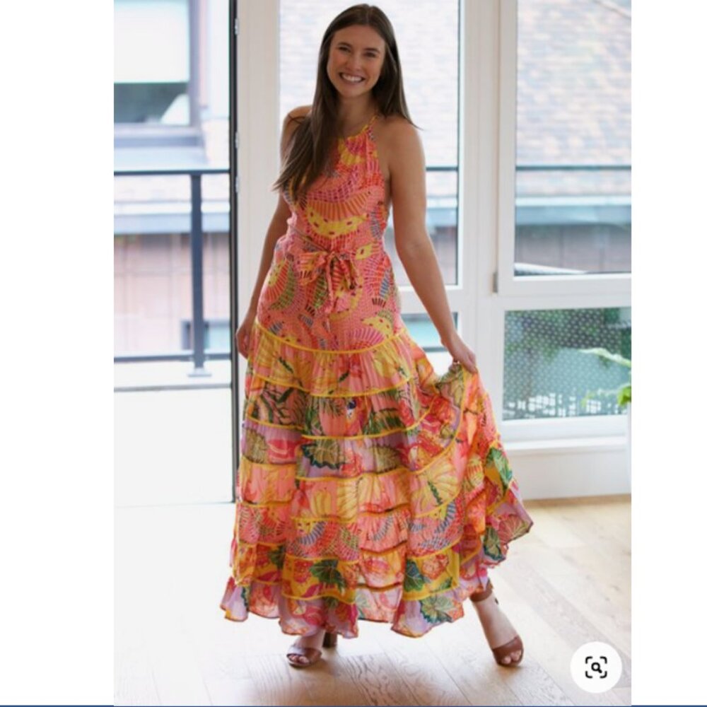 FARM Rio Maxi Dress XL Mixed Prints Floral Tiered Strappy Halter Pink - Picture 14 of 16